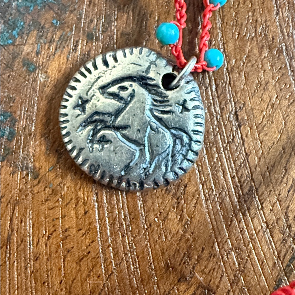 Boho Red Cord Necklace with Turquoise Beads and Sun Medallion - Picture 3 of 6